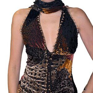 RICH - Flocked Velvet Dress with Attached Scarf – Size Small